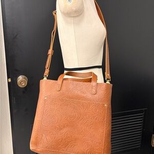 Embossed Floral Leather Tote Bag in Tan